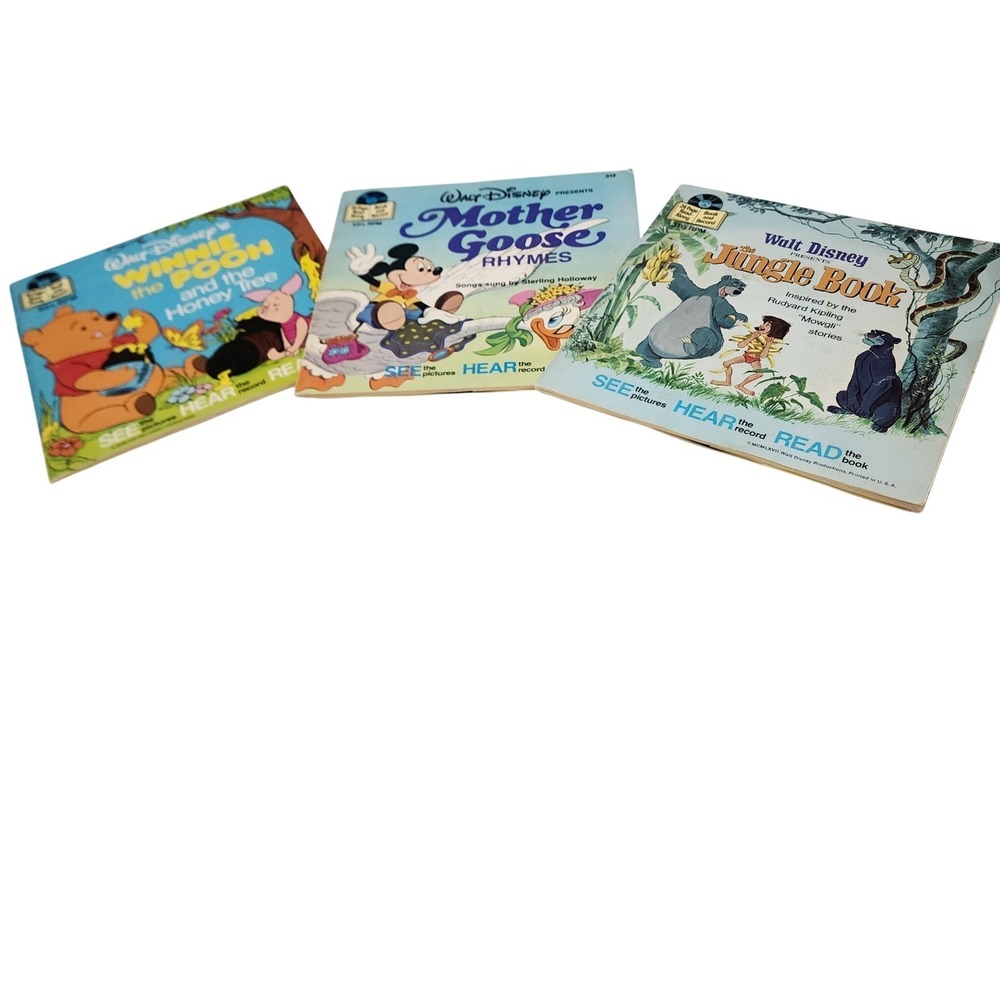 Vintage Walt Disney Read-Along Book and Record Lot Jungle Book Pooh Mother Goose